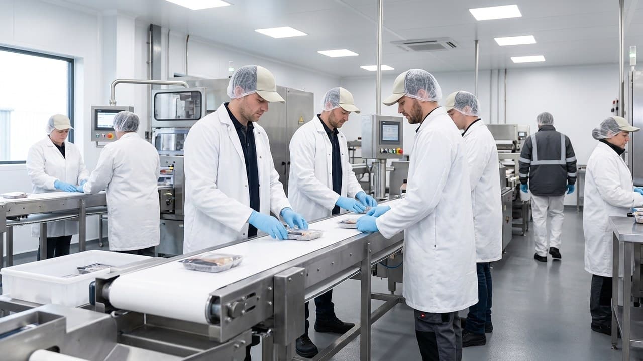 Travailleurs en vêtements d'hygiène blancs sur ligne de production agroalimentaire — tenue HACCP conforme