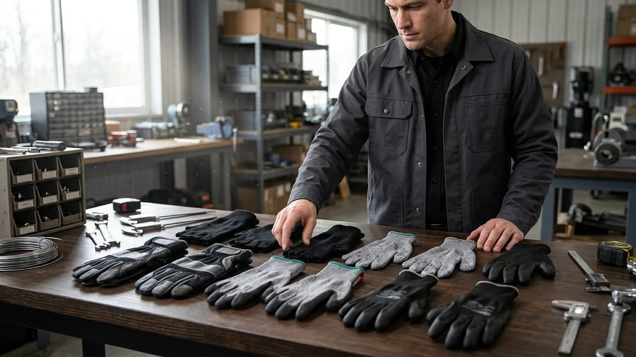 Différents types de gants de travail professionnels sur établi — guide choix gants de protection