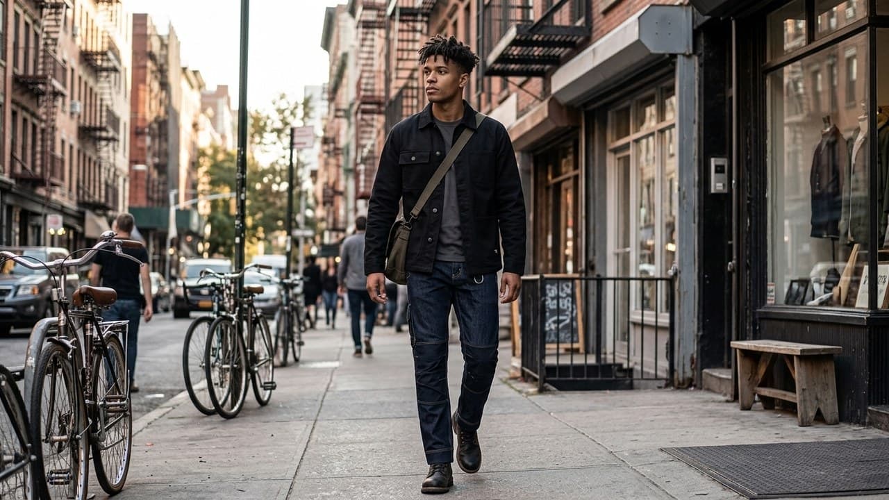 Tendance workwear streetwear : vêtements de travail portés en mode urbaine — pantalon cargo et veste de chantier