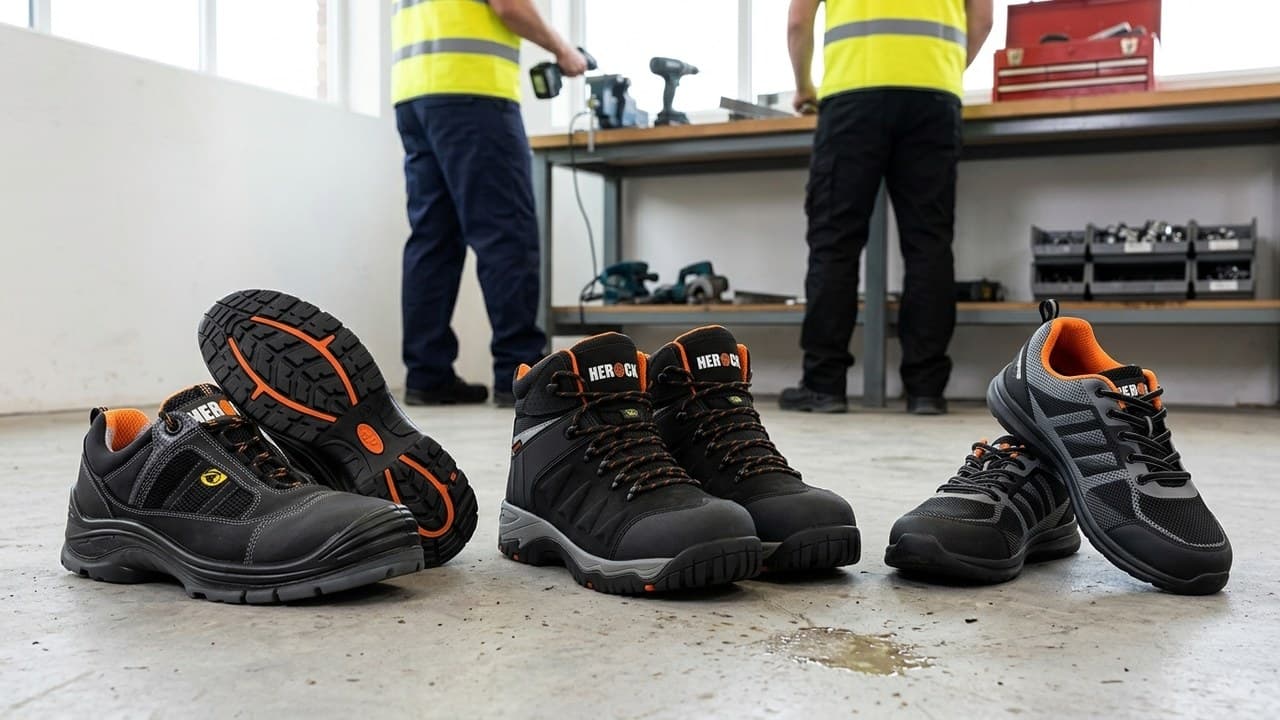 Trois paires de chaussures de sécurité S1 S2 S3 alignées — guide normes chaussures de travail