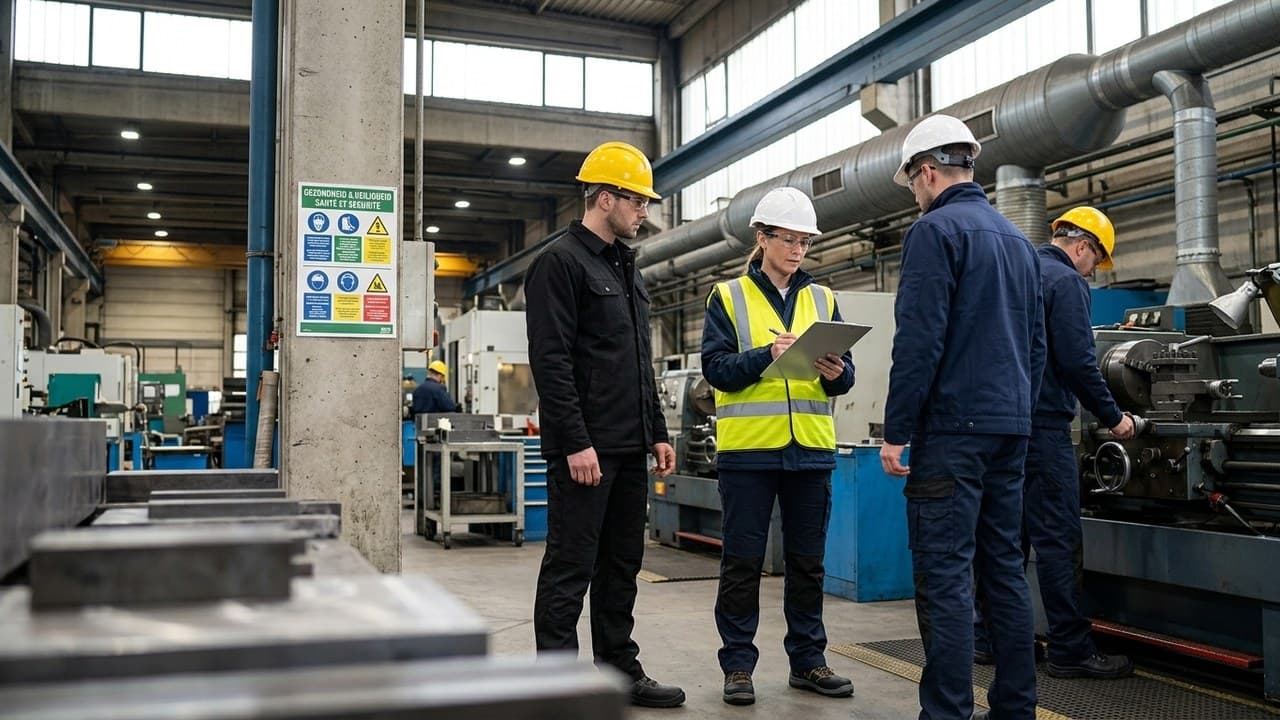 Conseiller en prévention inspectant les vêtements de travail dans usine belge — Code bien-être au travail