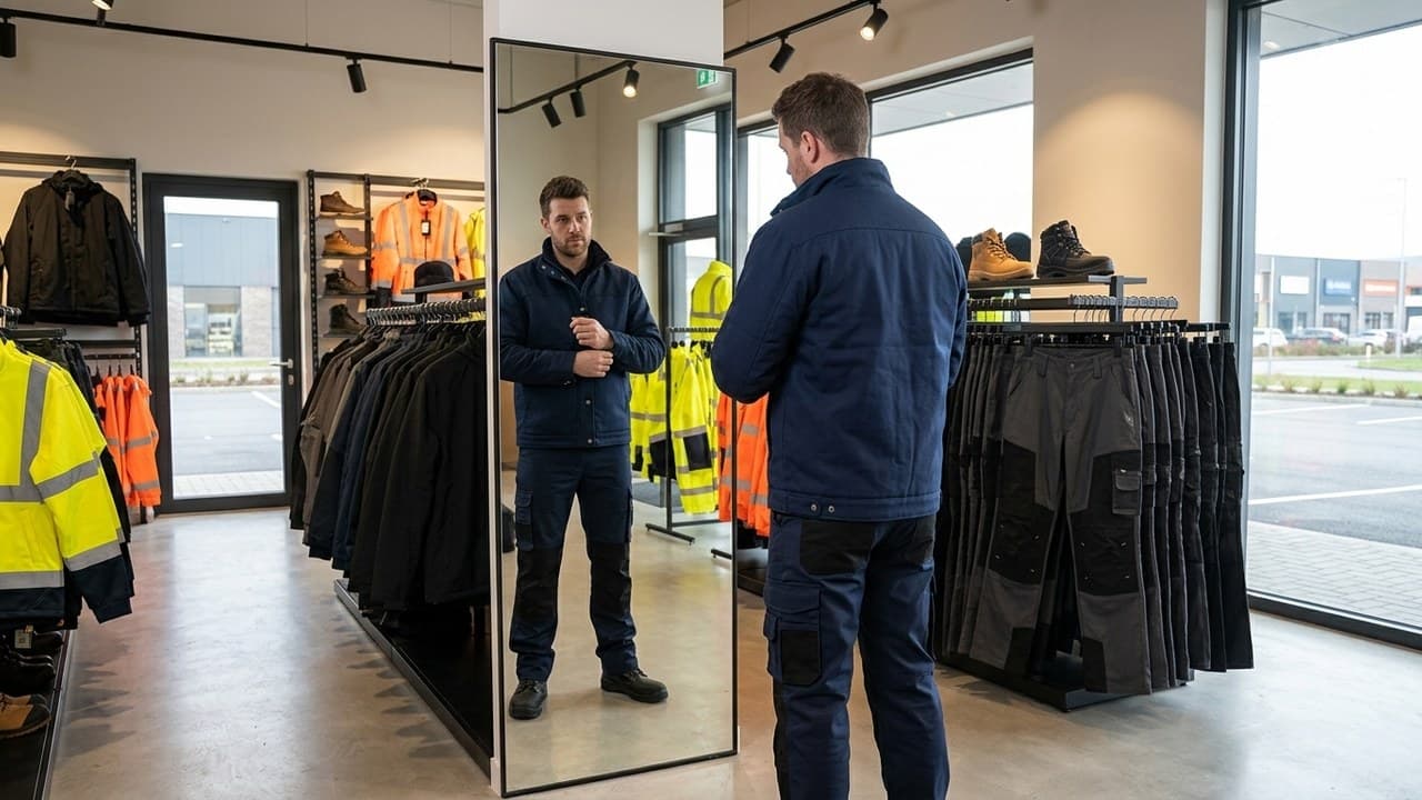Travailleur essayant un pantalon de travail en magasin workwear — guide tailles vêtements de travail