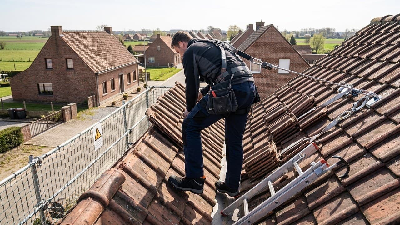 Couvreur en vêtements de travail avec harnais de sécurité sur toit belge — EPI travail en hauteur