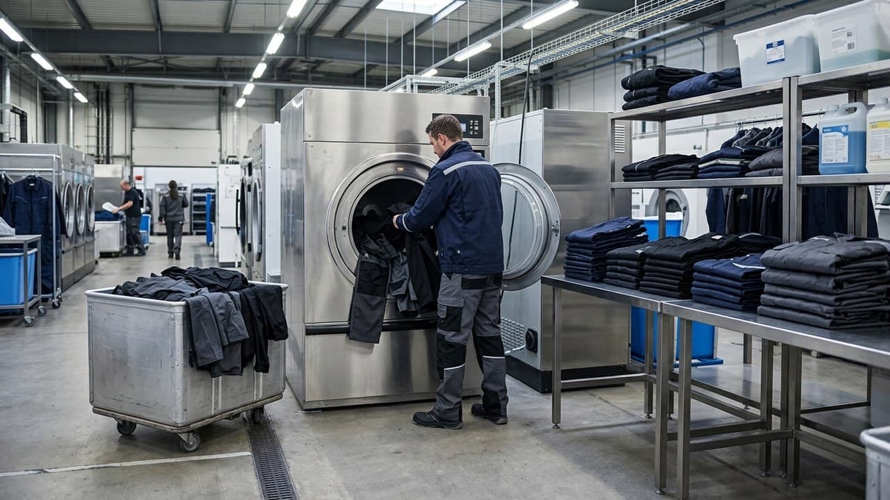 Vêtements de travail dans machine à laver industrielle — entretien et lavage workwear professionnel