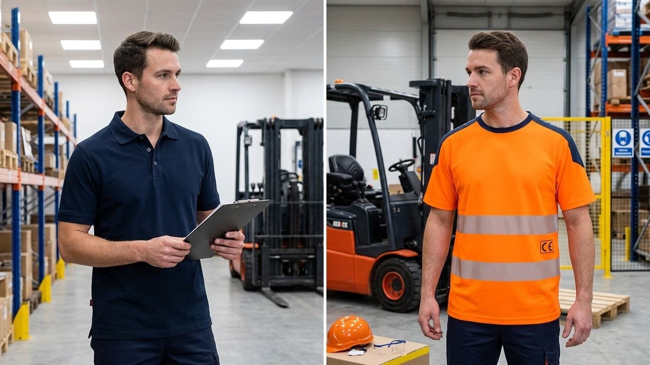 Polo de travail simple à côté d'un EPI certifié CE haute visibilité — différence vêtement de travail et EPI