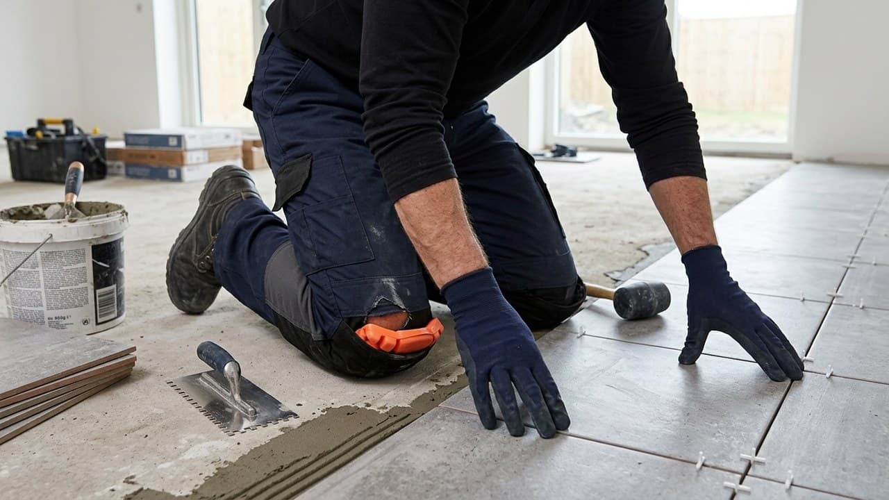 Carreleur avec pantalon de travail à genouillères intégrées — protection genoux EPI chantier