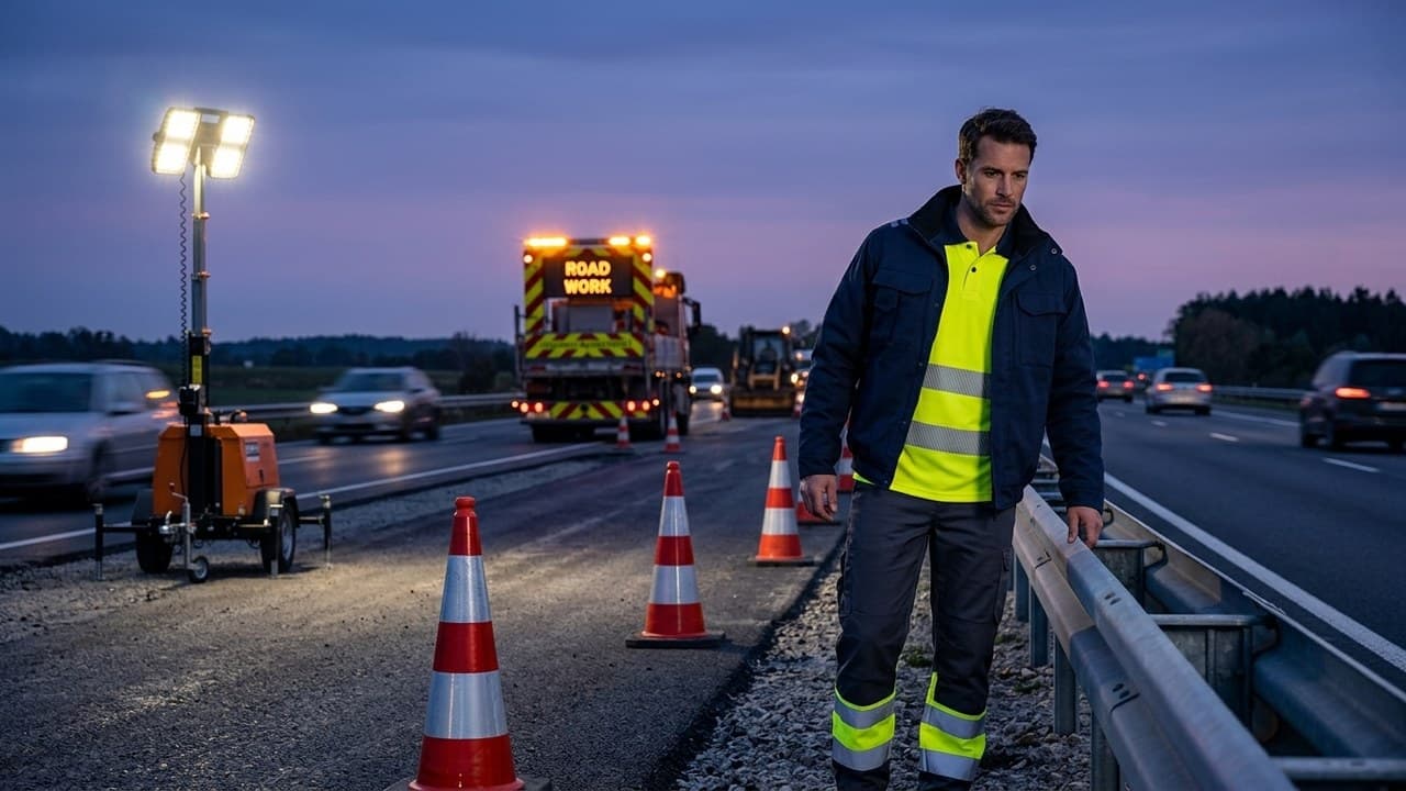 Ouvrier routier en vêtements haute visibilité classe 3 norme EN ISO 20471 au crépuscule — gilet fluo travail