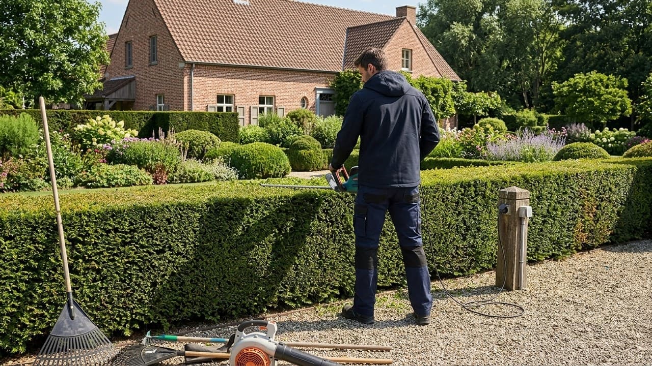 Paysagiste en pantalon et veste de travail taillant une haie dans jardin belge — tenue jardinier professionnel