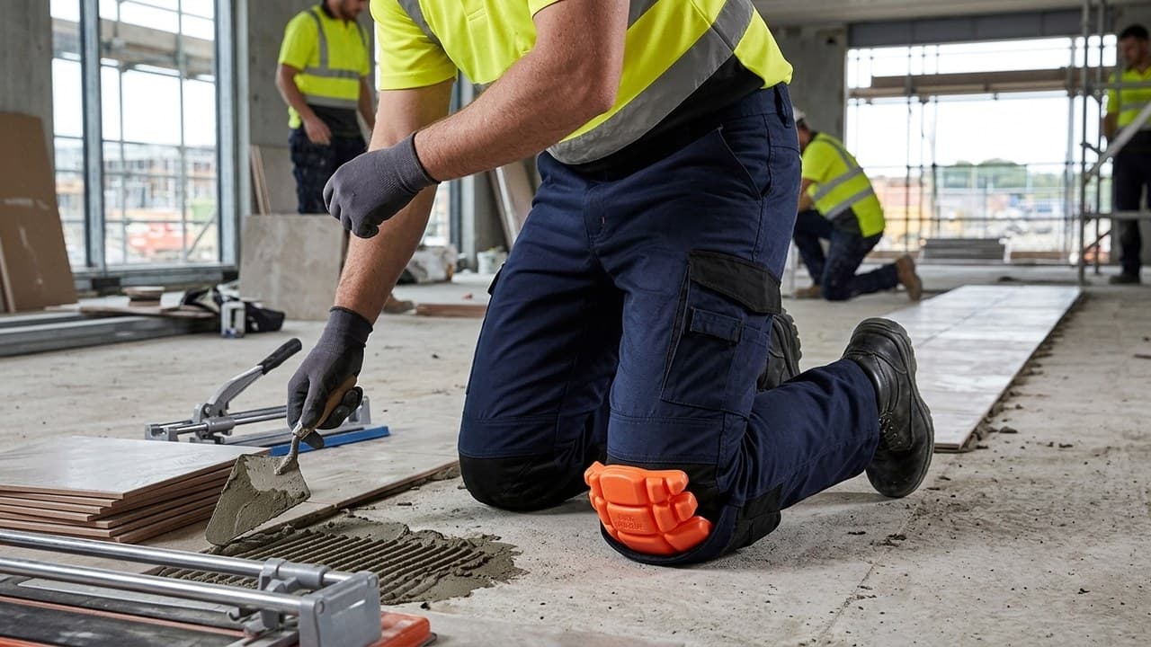 Pantalon de travail avec poches genouillères sur sol béton — guide choix pantalon chantier