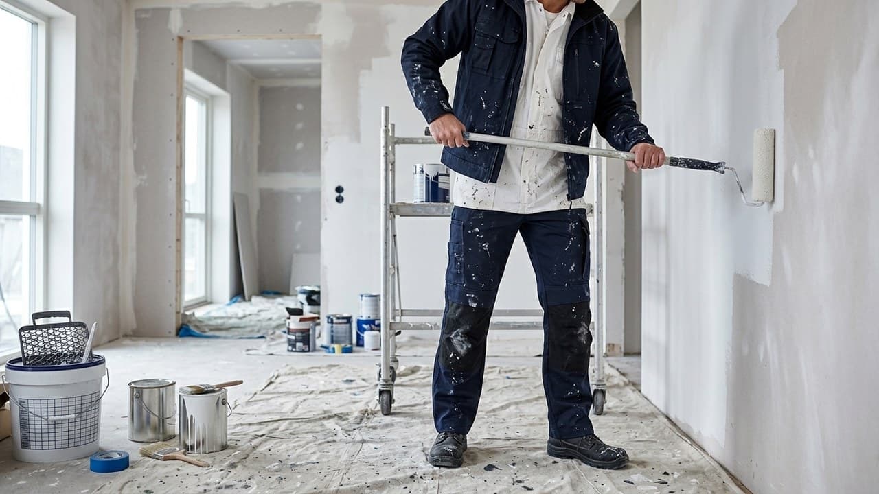Peintre en vêtements de travail blancs sur chantier de rénovation intérieure — tenue peintre professionnel