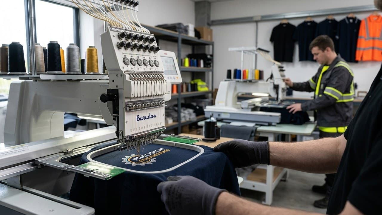 Machine à broder industrielle sur polo de travail avec logo entreprise — personnalisation vêtements de travail