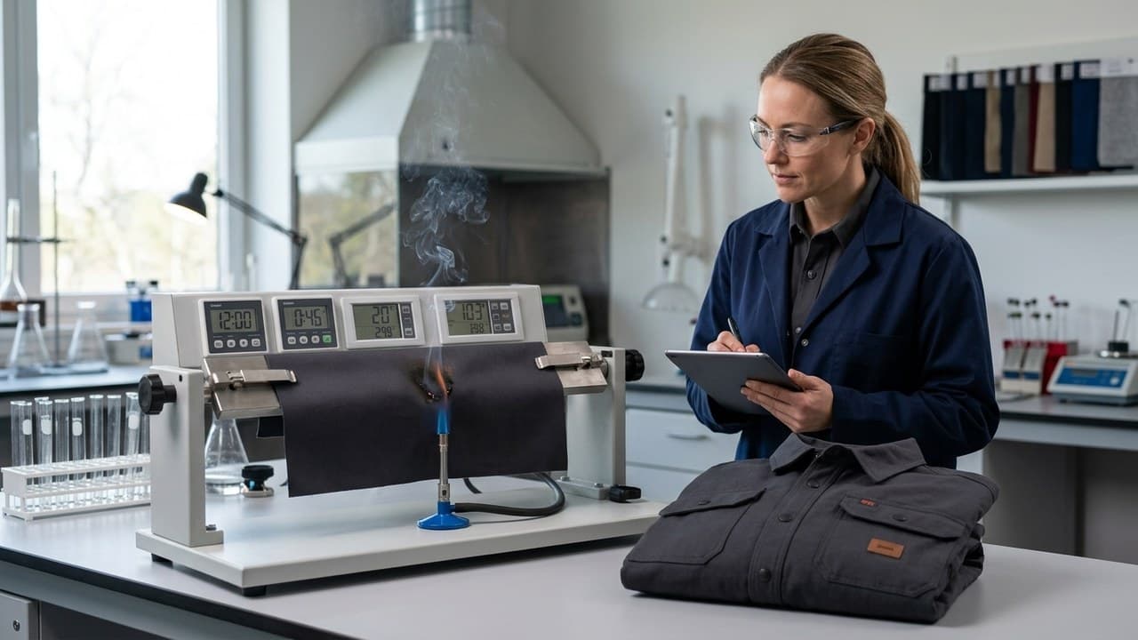 Test de résistance au feu sur tissu de vêtement de travail ignifuge — norme EN ISO 11612