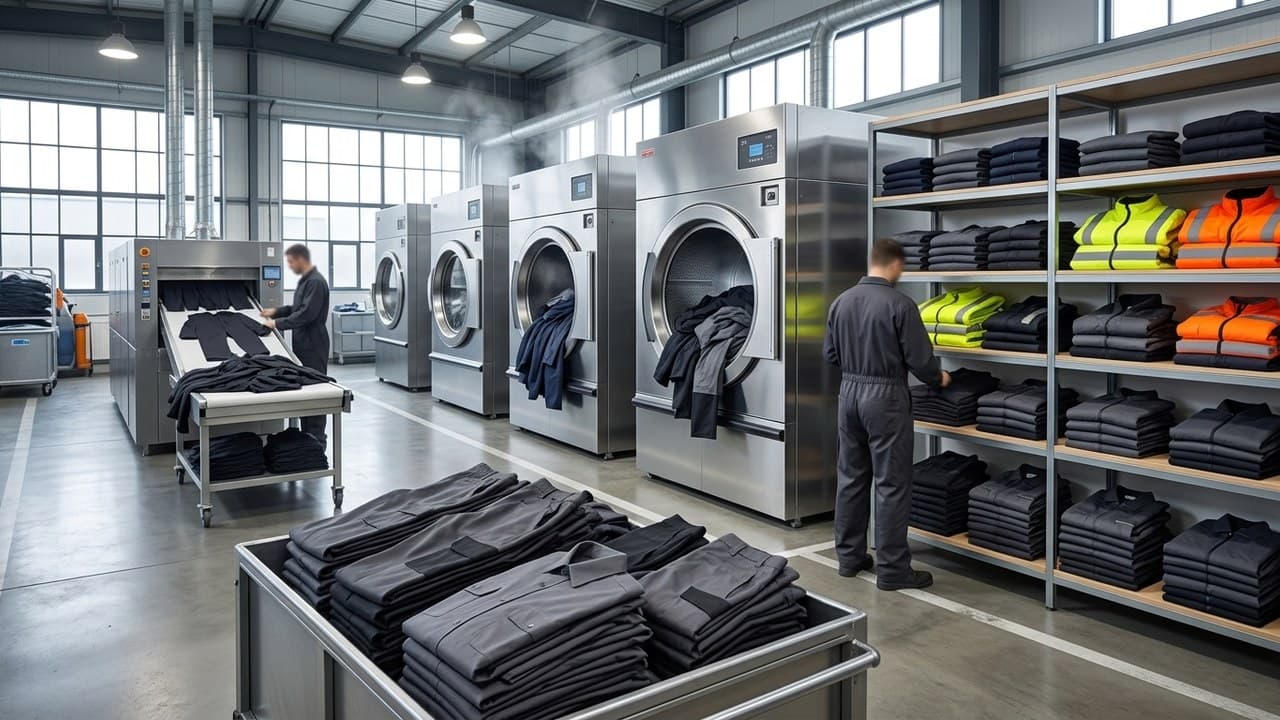 Blanchisserie industrielle avec vêtements de travail propres pliés — nettoyage tenue travail employeur