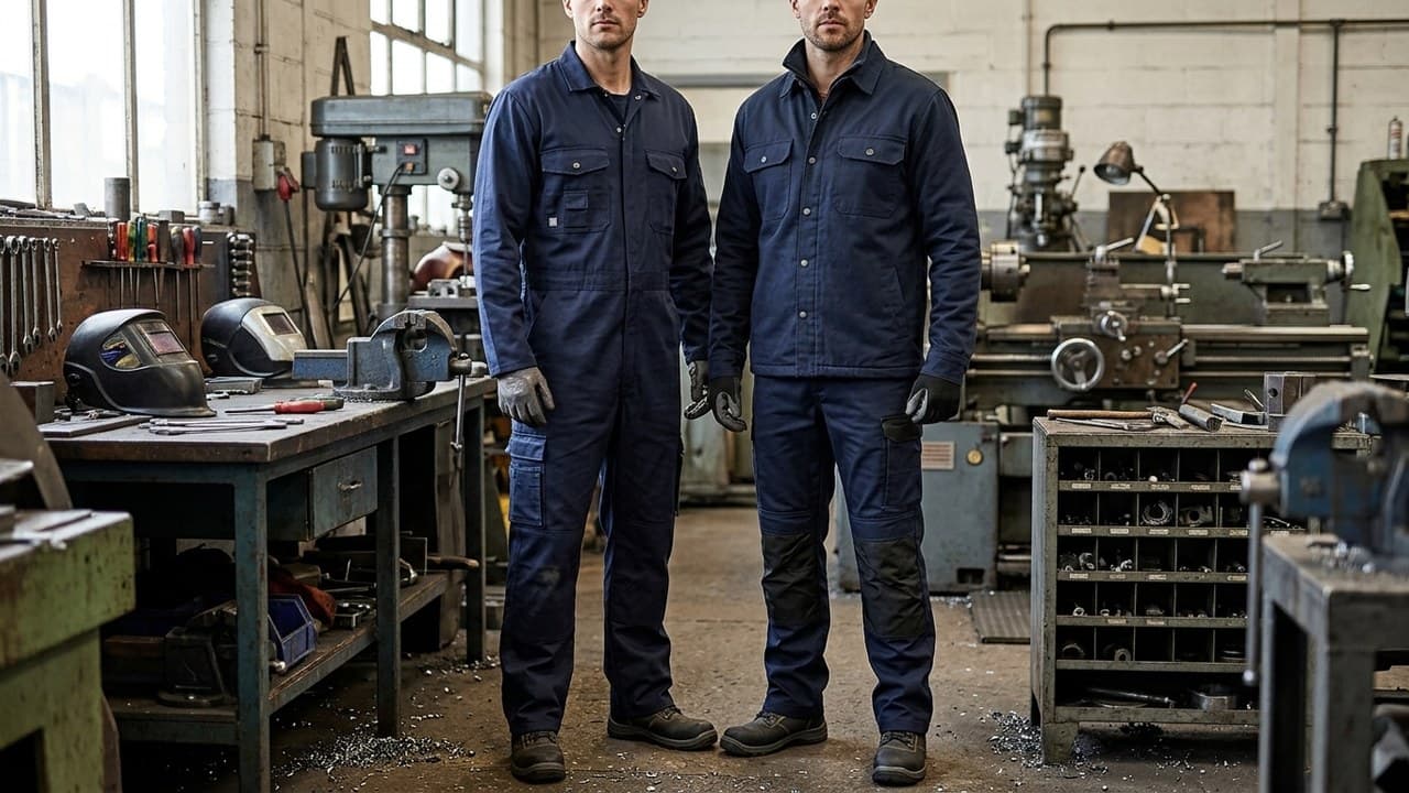 Deux ouvriers en atelier : salopette de travail vs ensemble veste et pantalon — comparatif tenue workwear