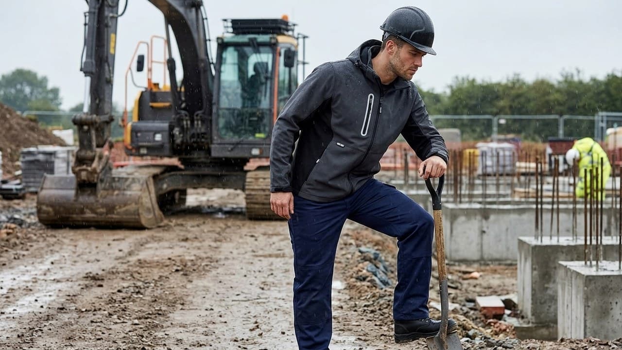 Ouvrier en veste softshell de travail sur chantier sous la pluie — vêtements de travail imperméables