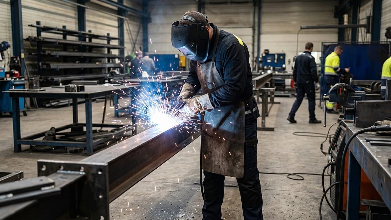Soudeur en vêtements de protection contre projections et chaleur en atelier — EPI soudure professionnel