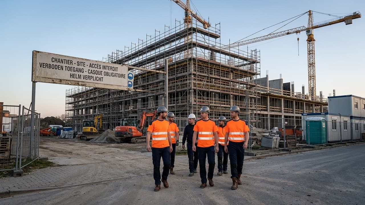 Groupe d'ouvriers en vêtements de travail haute visibilité sur chantier de construction en Belgique — tenue chantier BTP