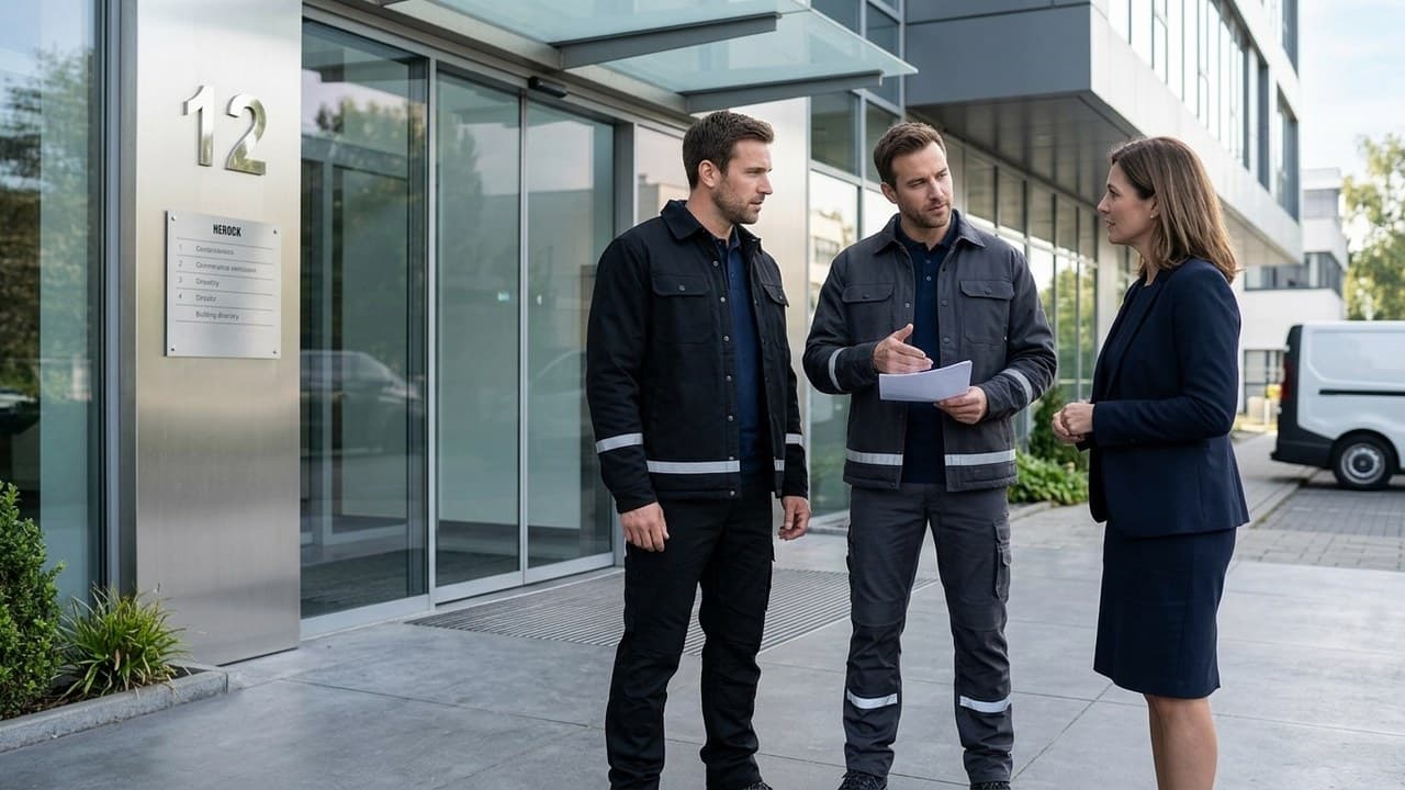 Équipe de techniciens en tenue de travail coordonnée aux couleurs de l'entreprise — image de marque workwear