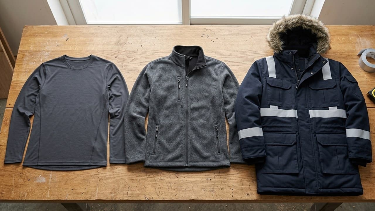 Trois couches de vêtements de travail hiver : sous-vêtement thermique, polaire, parka — tenue grand froid chantier