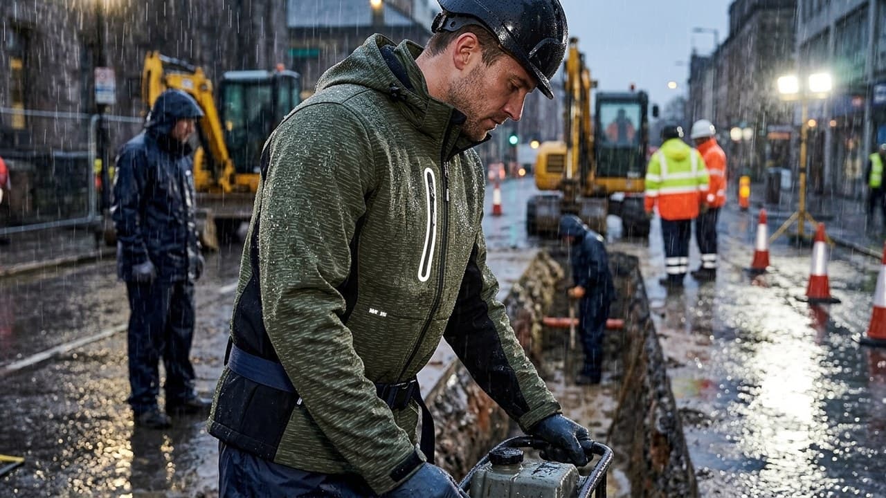 Ouvrier routier en veste de travail imperméable sous forte pluie — vêtements de travail pluie