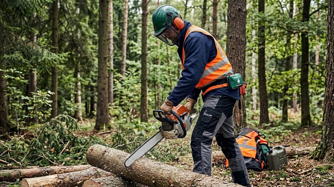 Bûcheron en pantalon anti-coupure de protection avec tronçonneuse en forêt — vêtements de sécurité