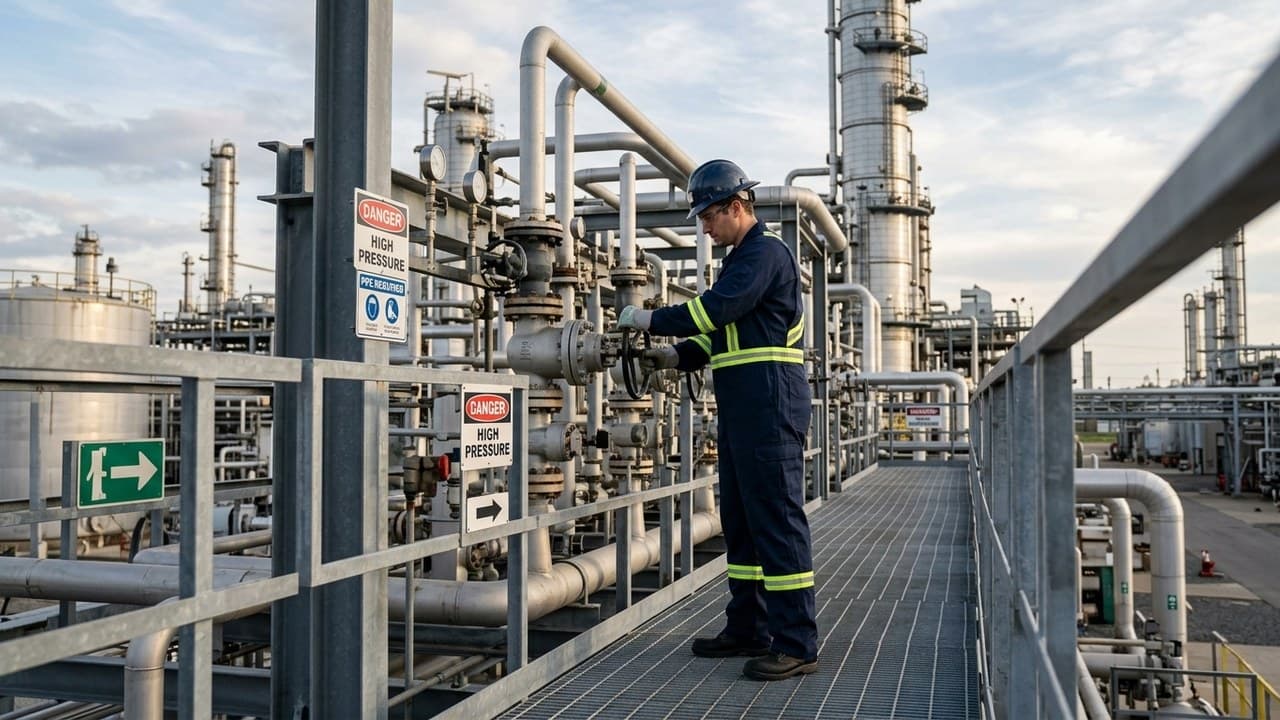 Travailleur pétrochimique en vêtements de travail ignifuges avec bandes réfléchissantes — tenue anti-feu obligatoire