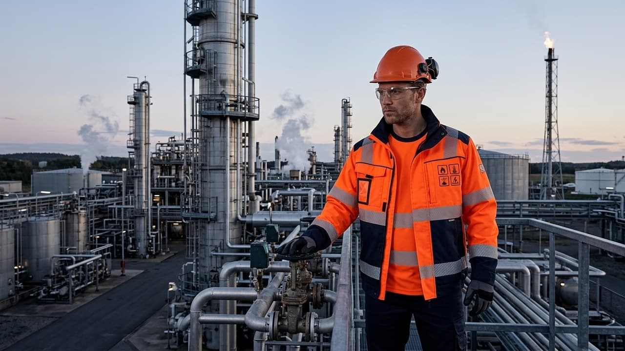 Travailleur en tenue de travail multinormes haute visibilité et ignifuge en raffinerie — EPI multi-protection