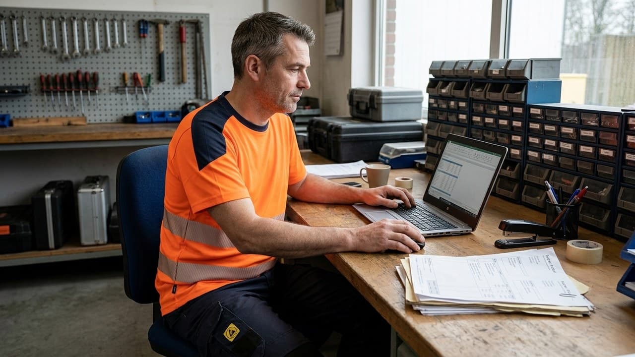Indépendant belge avec chaussures de sécurité et factures sur bureau — déduction fiscale vêtements de travail