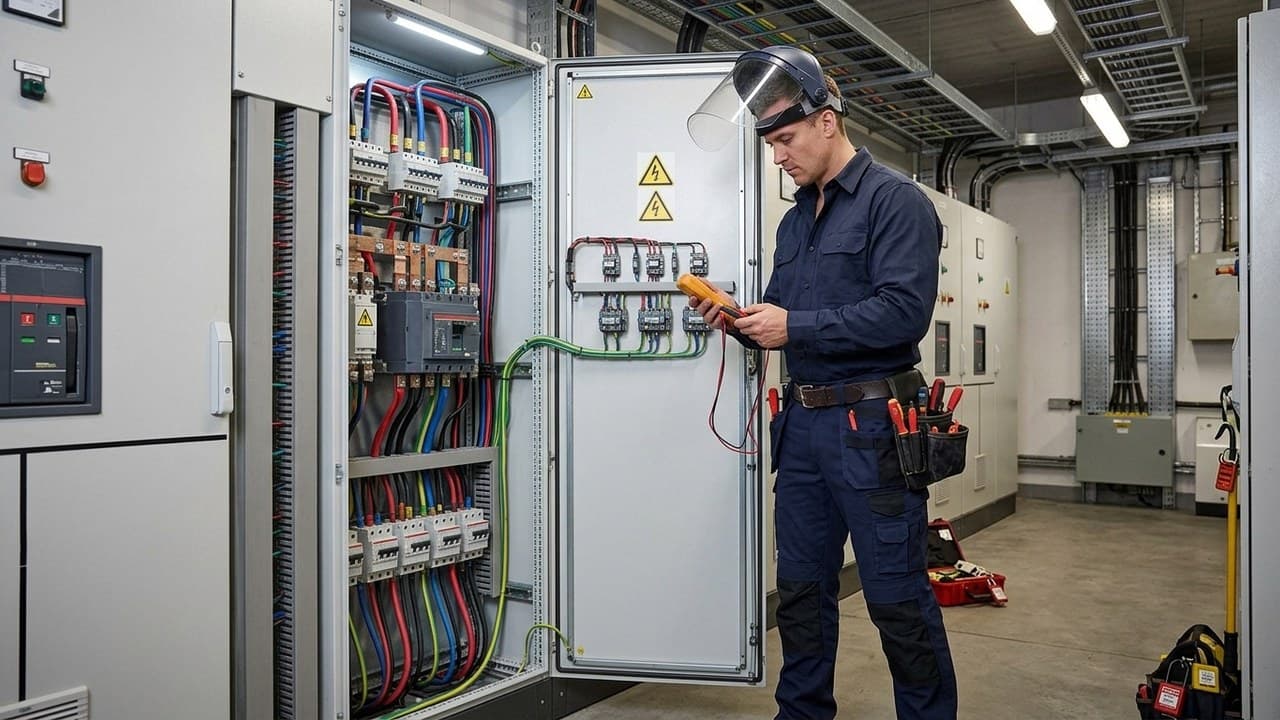 Électricien en vêtements de protection arc électrique devant armoire haute tension — EPI électricien