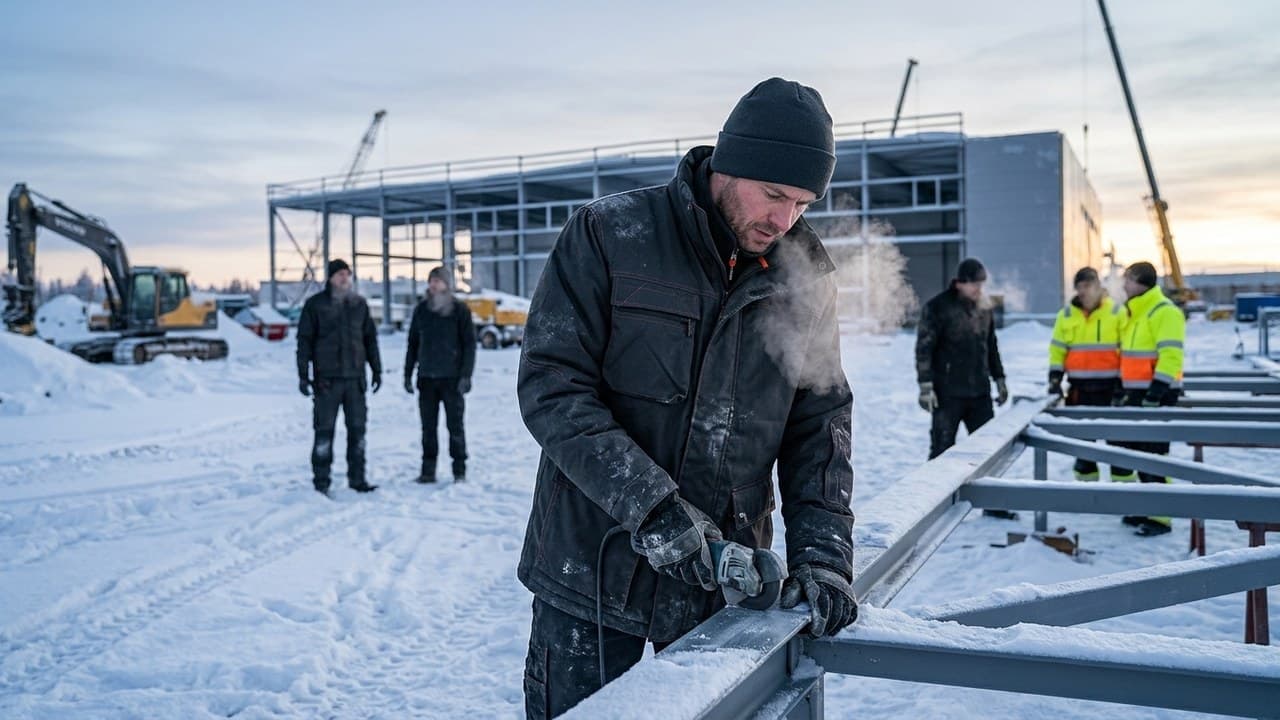 Ouvrier en parka de travail chaude sur chantier enneigé — vêtements de travail hiver Belgique