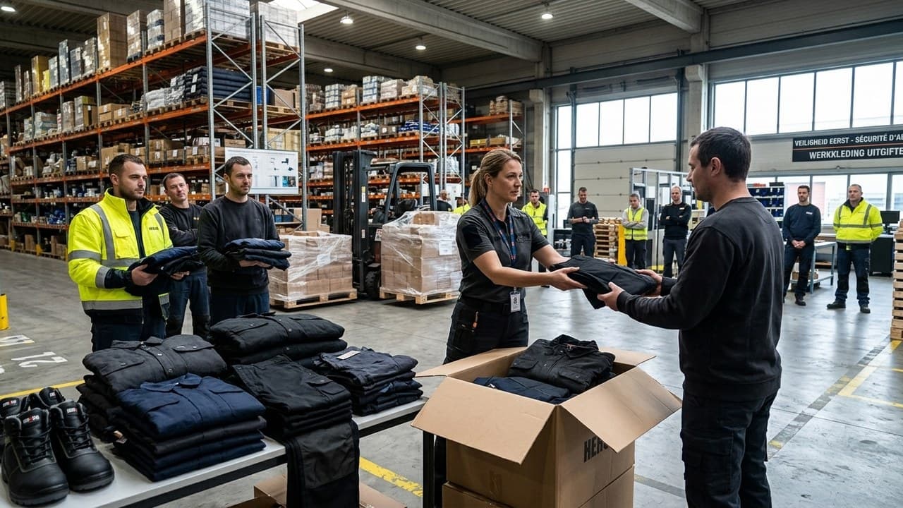 Responsable sécurité distribuant des vêtements de travail aux employés en usine belge — obligations légales employeur