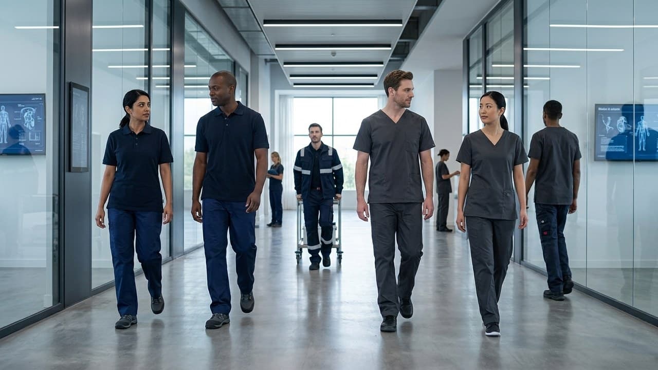 Personnel soignant en tenue de travail médicale dans couloir d'hôpital — vêtements de travail secteur médical