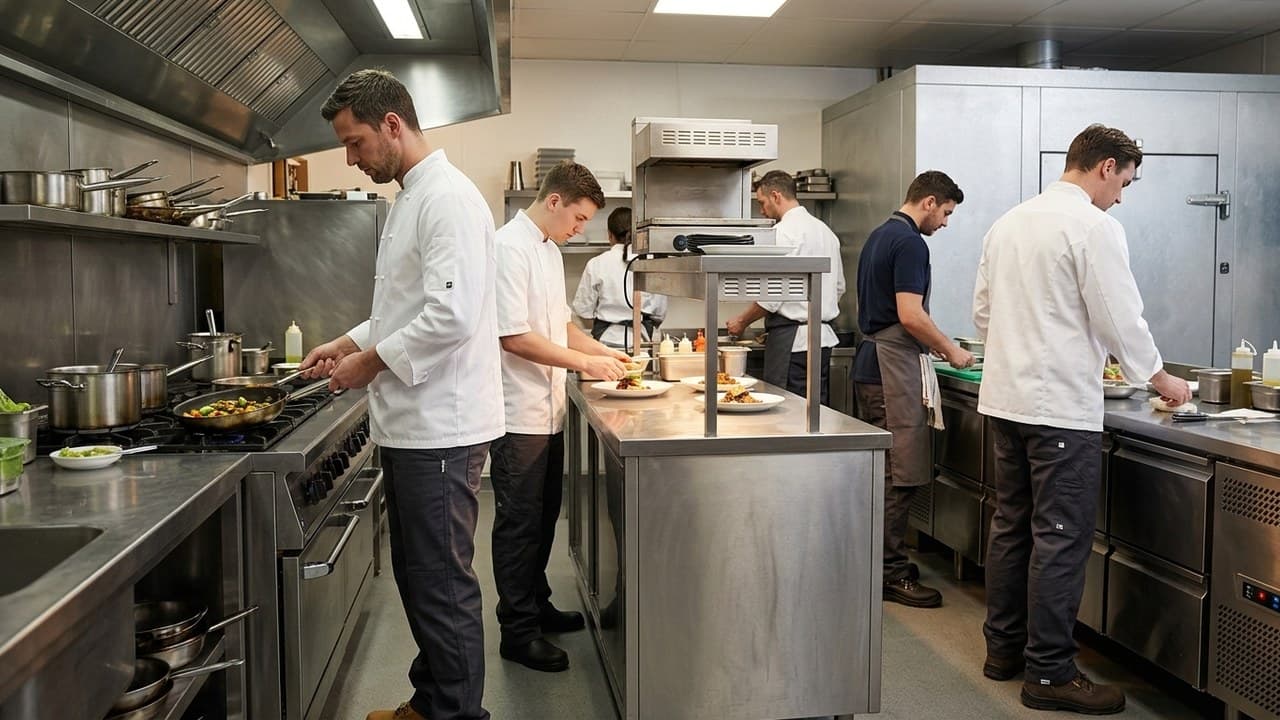 Équipe cuisine en vêtements de travail Horeca hygiéniques dans restaurant professionnel — tenue chef cuisinier