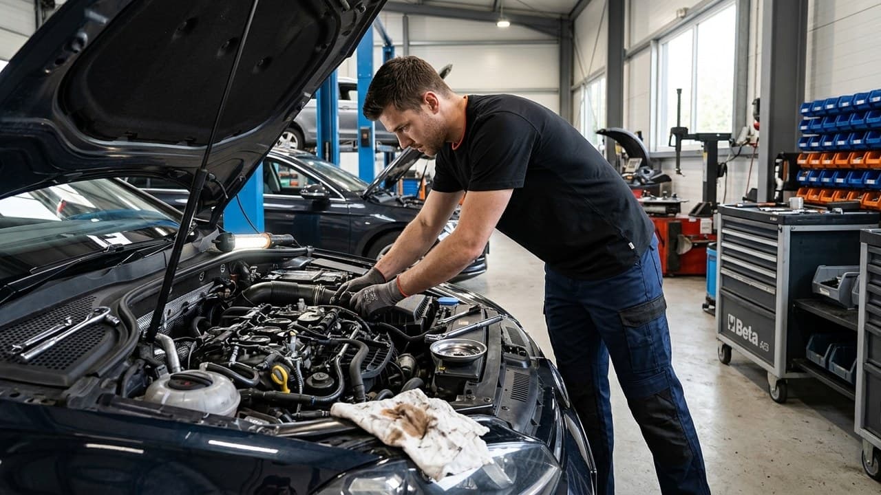 Mécanicien en pantalon et t-shirt de travail dans garage automobile — vêtements de travail mécanique